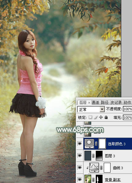 Photoshop为树林中的红衣美女加上漂亮的秋季色