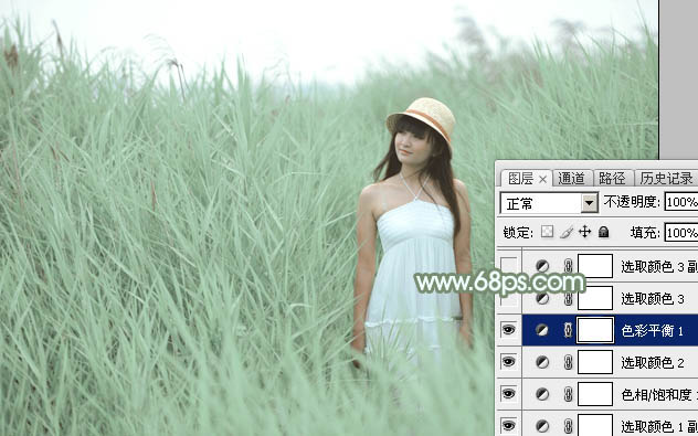Photoshop为绿草中的美女加上甜美的淡调青绿色