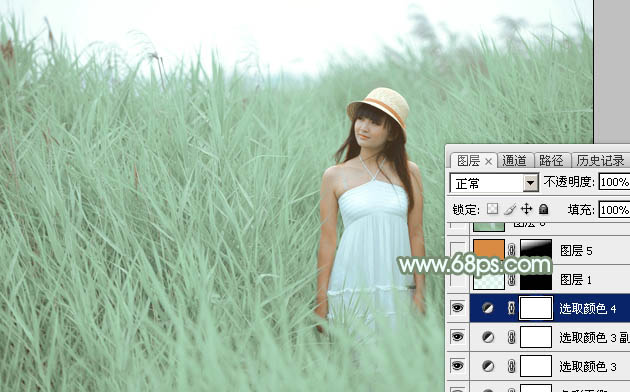 Photoshop为绿草中的美女加上甜美的淡调青绿色