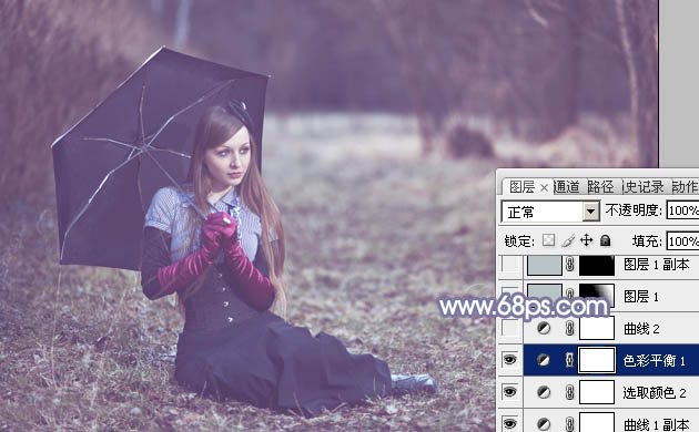 Photoshop为偏暗的郊外美女加上流行的秋季冷色调