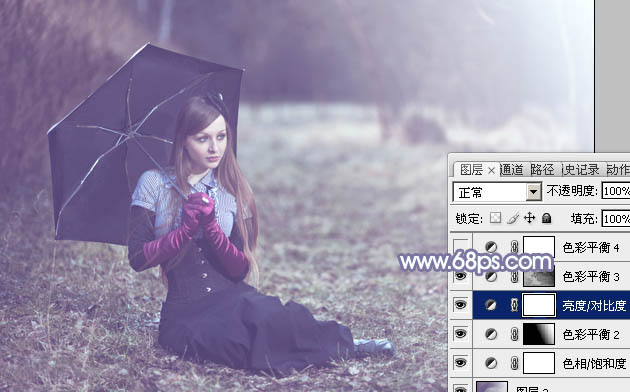 Photoshop为偏暗的郊外美女加上流行的秋季冷色调