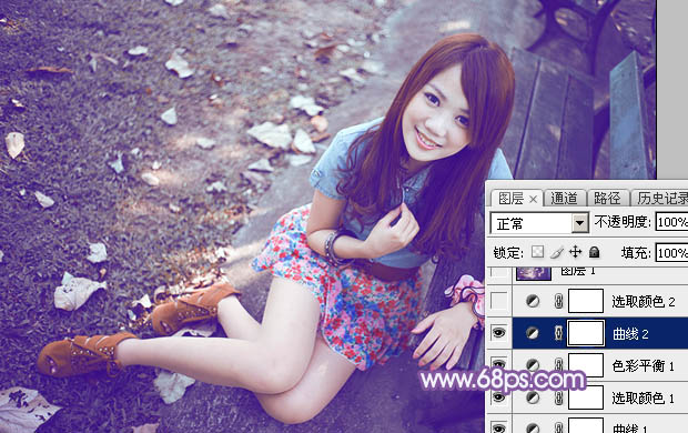 Photoshop为公园路边的美女调制出甜美的蓝紫色