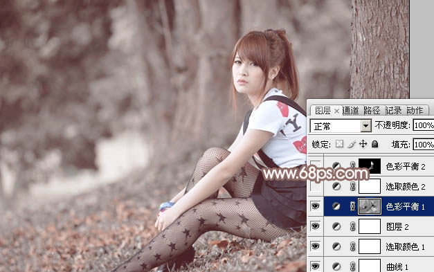 Photoshop为绿树边的美女加上古典中性淡褐色