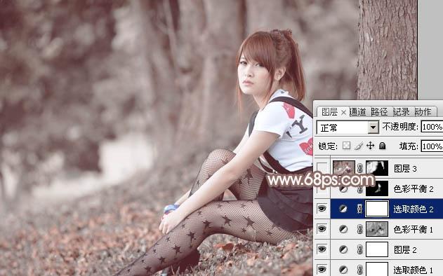 Photoshop为绿树边的美女加上古典中性淡褐色