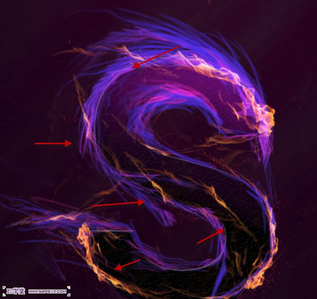 photoshop利用画笔及变形工具手绘制作漂亮的紫色火焰字