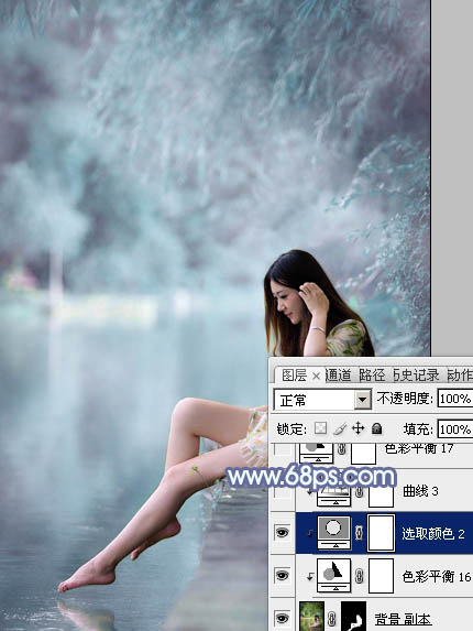 Photoshop为溪边美女图片打造梦幻的淡蓝色