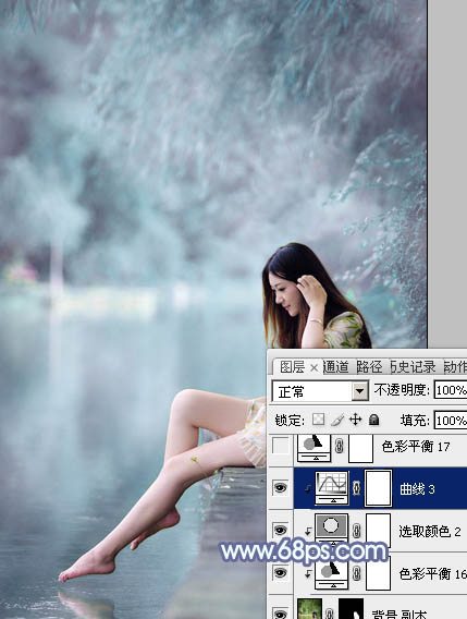 Photoshop为溪边美女图片打造梦幻的淡蓝色