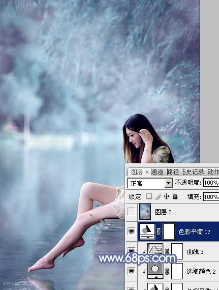 Photoshop为溪边美女图片打造梦幻的淡蓝色