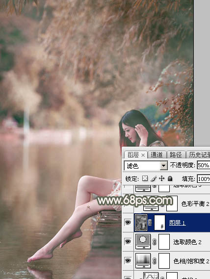 Photoshop为水边美女图片打造甜美的酒红色