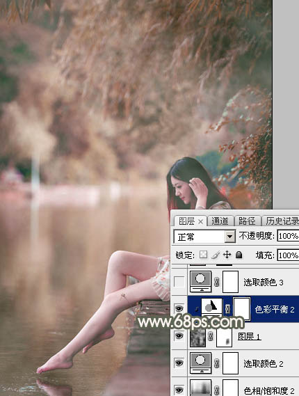 Photoshop为水边美女图片打造甜美的酒红色