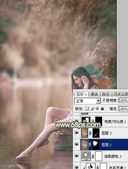 Photoshop为水边美女图片打造甜美的酒红色