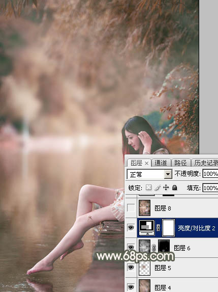 Photoshop为水边美女图片打造甜美的酒红色