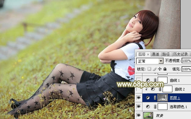 Photoshop快速为树木边的美女加上甜美的暖褐色