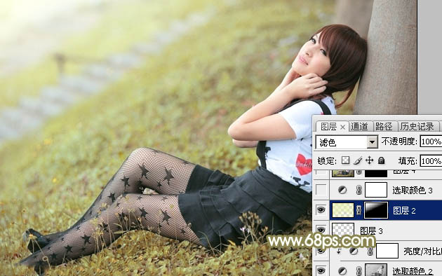 Photoshop快速为树木边的美女加上甜美的暖褐色