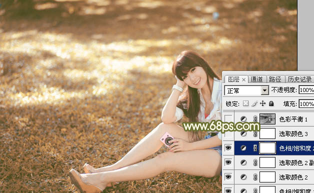 Photoshop为草地上的美女加上甜美的深秋黄褐色