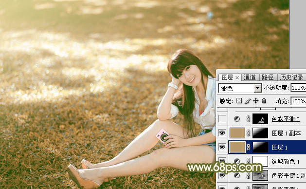 Photoshop为草地上的美女加上甜美的深秋黄褐色