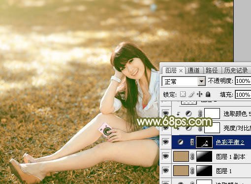 Photoshop为草地上的美女加上甜美的深秋黄褐色