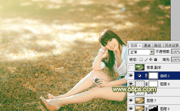 Photoshop为草地上的美女加上甜美的深秋黄褐色