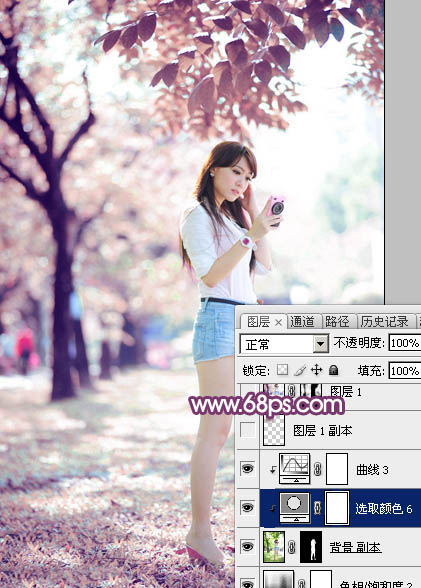 Photoshop为公路绿道边的美女加上甜美紫红色