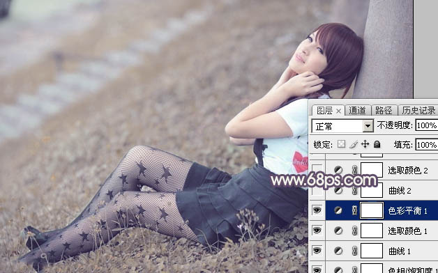 Photoshop为草地美女图片打造古典中性冷褐色