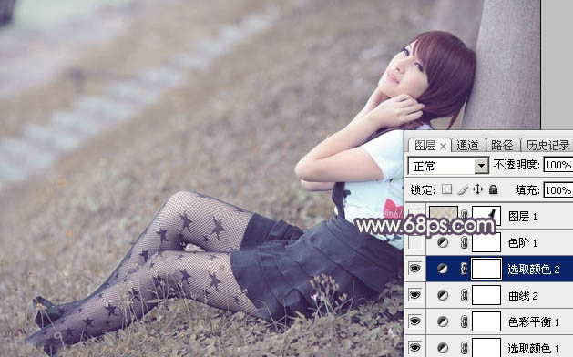 Photoshop为草地美女图片打造古典中性冷褐色