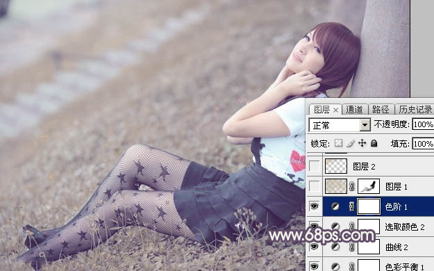 Photoshop为草地美女图片打造古典中性冷褐色