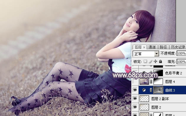 Photoshop为草地美女图片打造古典中性冷褐色