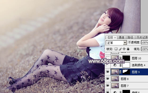 Photoshop为草地美女图片打造古典中性冷褐色