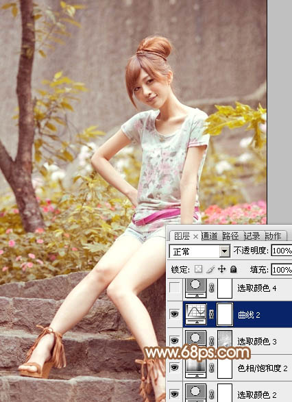 Photoshop为坐石阶上的美女加上柔和的粉褐色