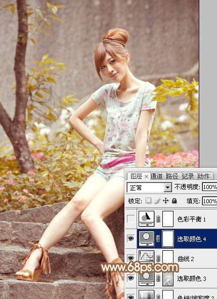 Photoshop为坐石阶上的美女加上柔和的粉褐色