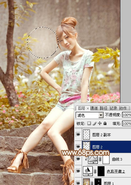 Photoshop为坐石阶上的美女加上柔和的粉褐色