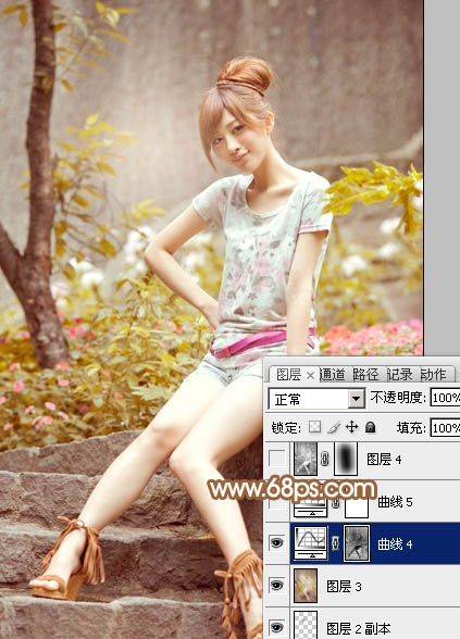 Photoshop为坐石阶上的美女加上柔和的粉褐色