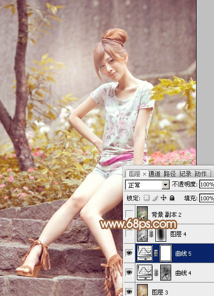 Photoshop为坐石阶上的美女加上柔和的粉褐色