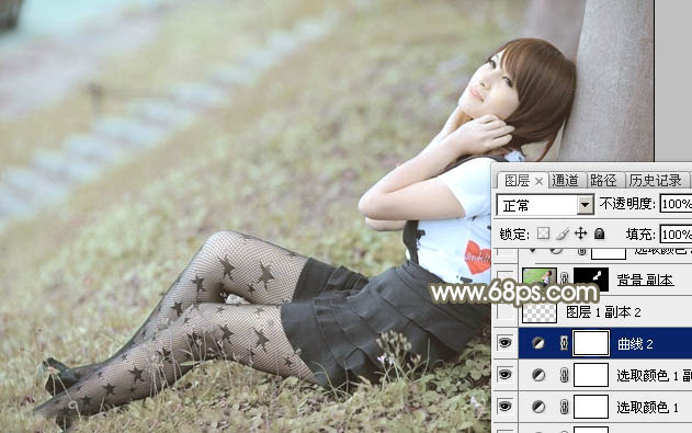 Photoshop为春季外景美女加上柔和的中性黄绿色