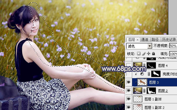 Photoshop为草地美女图片打造甜美的暗褐色