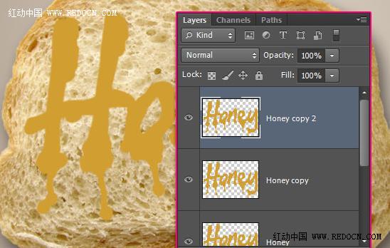 Photoshop将面包片上加上剔透的蜂蜜果酱字