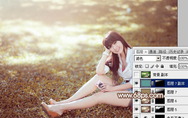 Photoshop为草地上的美女加上唯美的阳光淡褐色