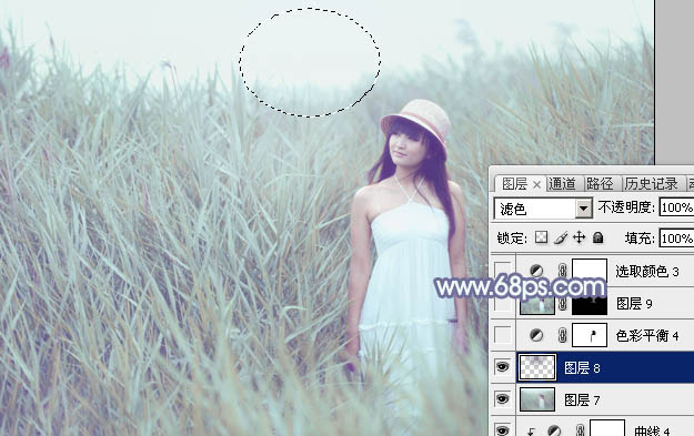 Photoshop将芦草中的美女图片打造唯美的粉调青蓝色