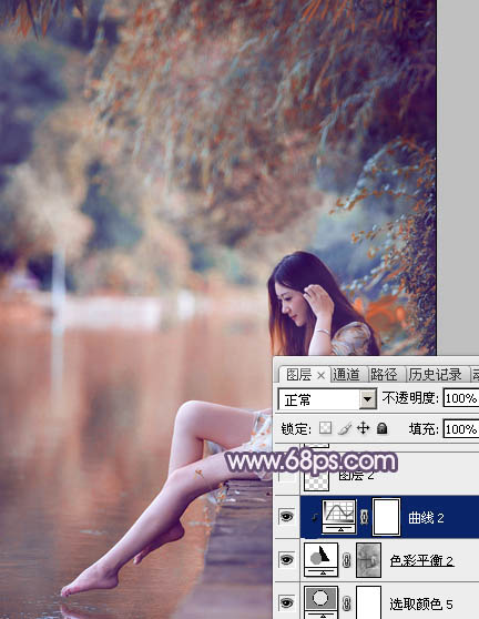 Photoshop将湖景美女图片打造出冷暖对比的冷调蓝紫色