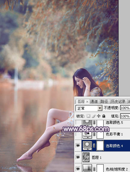 Photoshop将湖景美女图片打造出冷暖对比的冷调蓝紫色