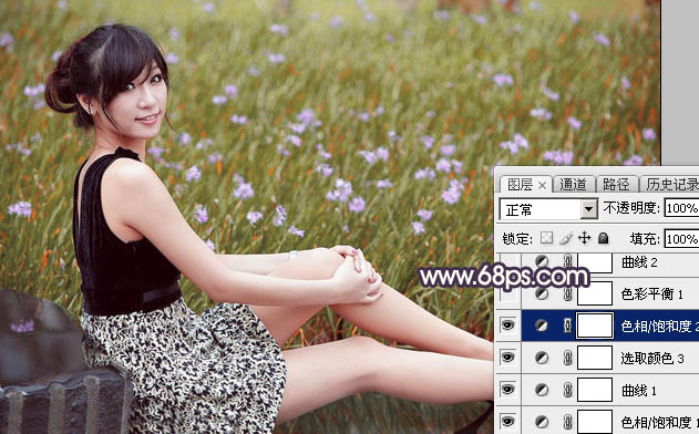 Photoshop为花草边的美女加上唯美的暖褐色