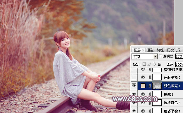 Photoshop打造清新的青褐色铁轨美女图片