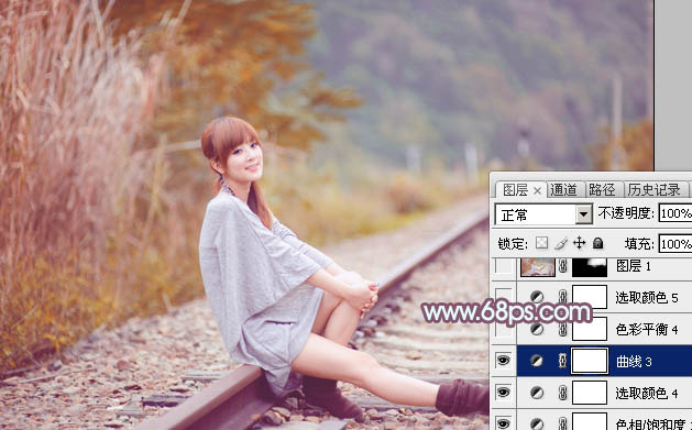 Photoshop打造清新的青褐色铁轨美女图片