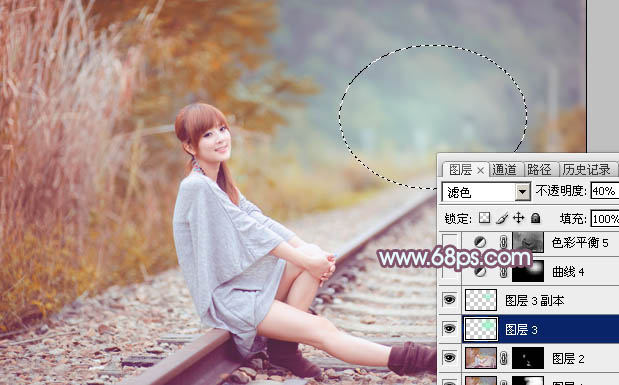 Photoshop打造清新的青褐色铁轨美女图片
