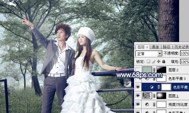 Photoshop为树林婚片打造梦幻的暗青色
