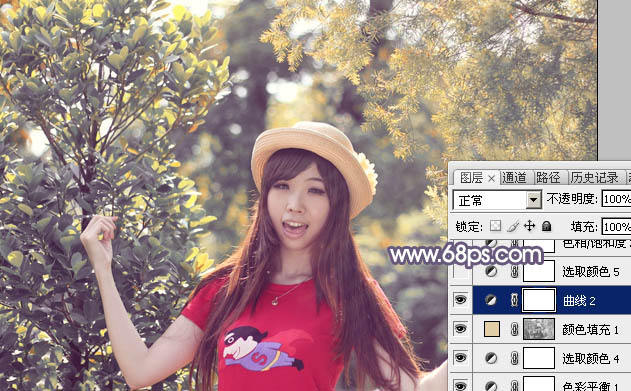 Photoshop将树林人物图片打造唯美的秋季阳光色