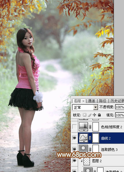 Photoshop给绿树中的人物加上唯美的秋季橙绿色