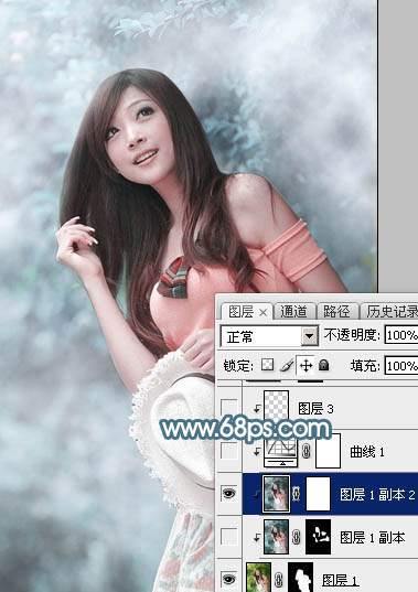 Photoshop为树林美女图片调制出唯美的淡蓝色云彩效果