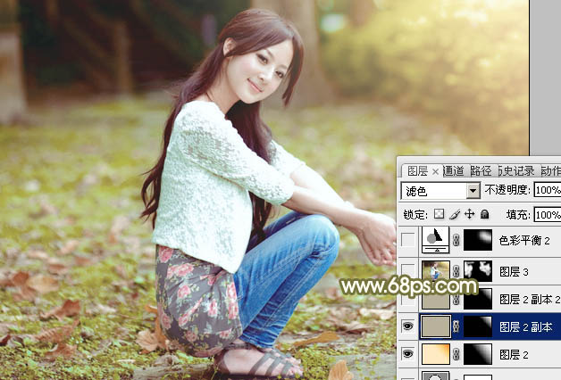 Photoshop调制出柔美的中性黄绿色的草地美女图片