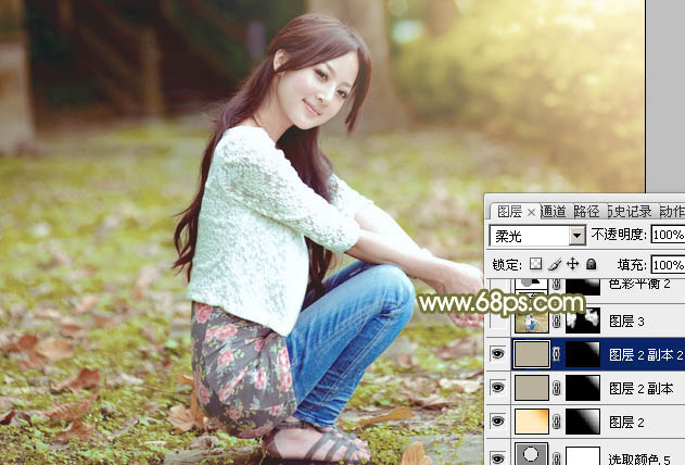 Photoshop调制出柔美的中性黄绿色的草地美女图片